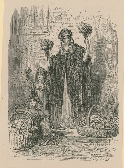 Een groep jonge vrouwen die bloemen van manden verkopen door Gustave Dore